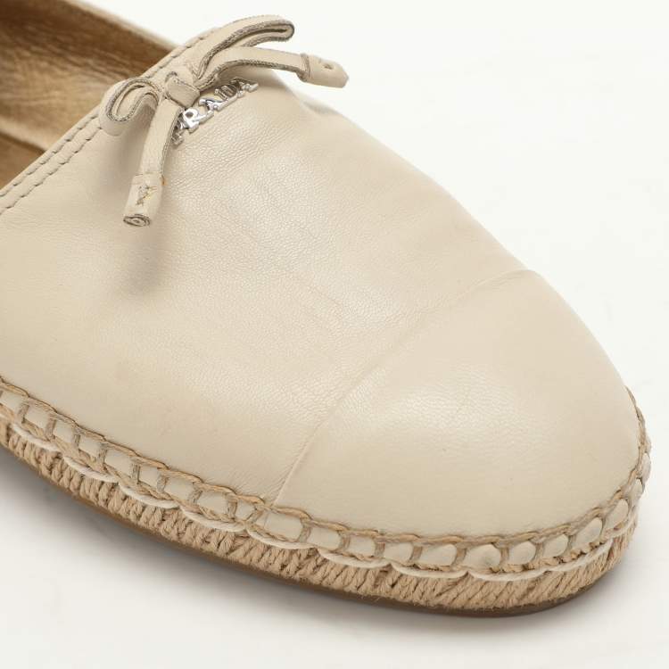 Pre Owned Prada Cream Leather Bow Espadrille Flats Size 38