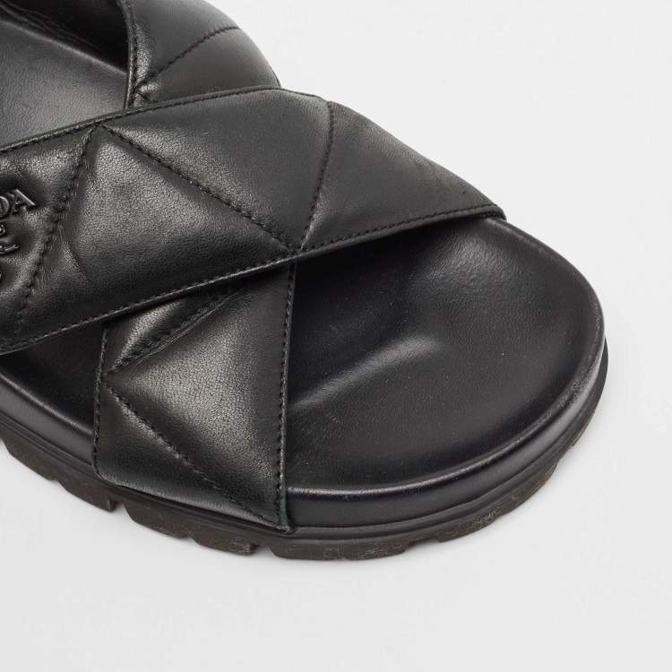 Pre Owned Prada Black Quilted Leather Slingback Flat Sandals Size 36.5