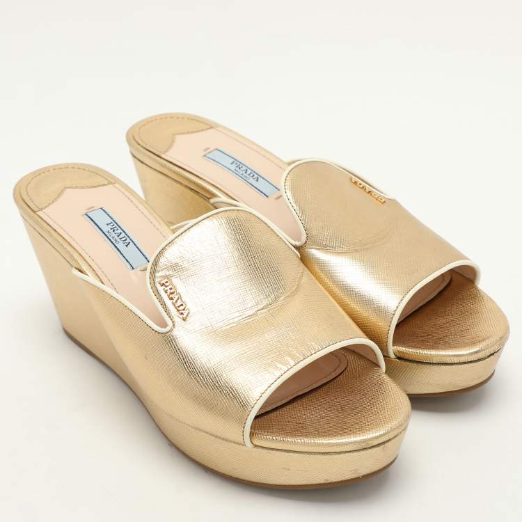 Pre Owned Prada Gold Saffiano Leather Platform Slide Sandals Size 38.5