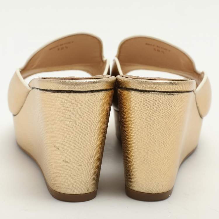 Pre Owned Prada Gold Saffiano Leather Platform Slide Sandals Size 38.5