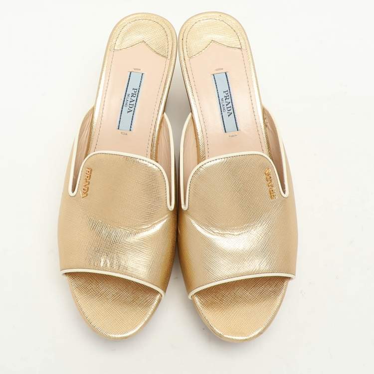 Pre Owned Prada Gold Saffiano Leather Platform Slide Sandals Size 38.5