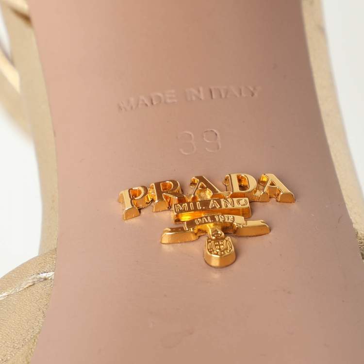 Pre Owned Prada Gold Leather Embellished Platform Ankle Strap Sandals Size 39