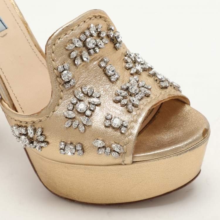 Pre Owned Prada Gold Leather Embellished Platform Ankle Strap Sandals Size 39