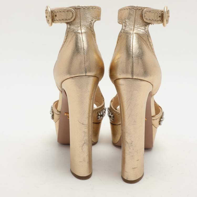 Pre Owned Prada Gold Leather Embellished Platform Ankle Strap Sandals Size 39