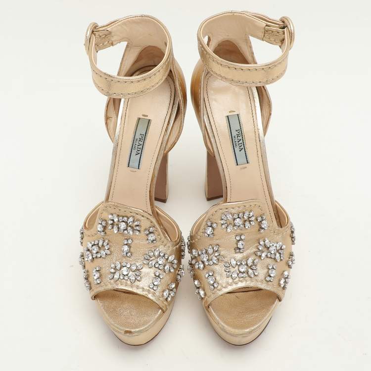Pre Owned Prada Gold Leather Embellished Platform Ankle Strap Sandals Size 39