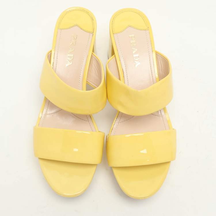 Pre Owned Prada Yellow Patent Leather Platform Slide Sandals Size 39