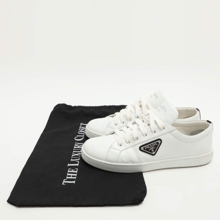 Pre Owned Prada White/Black Leather Logo Low Top Sneakers Size 39.5