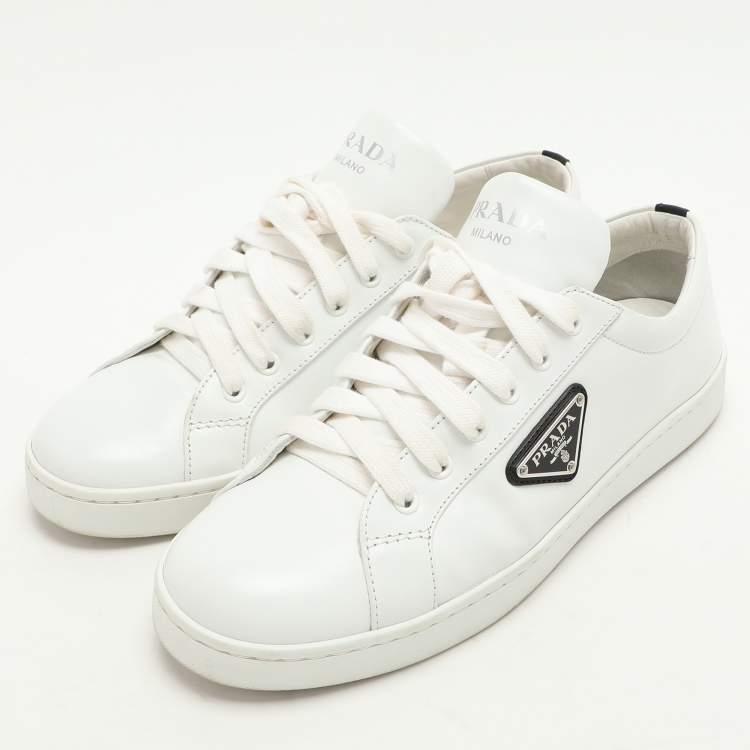 Pre Owned Prada White/Black Leather Logo Low Top Sneakers Size 39.5