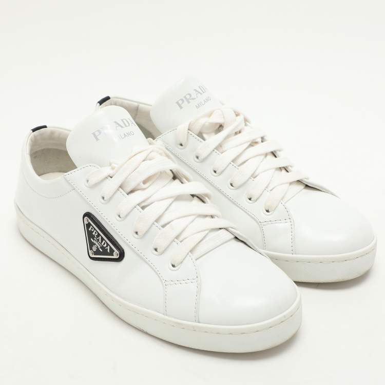 Pre Owned Prada White/Black Leather Logo Low Top Sneakers Size 39.5