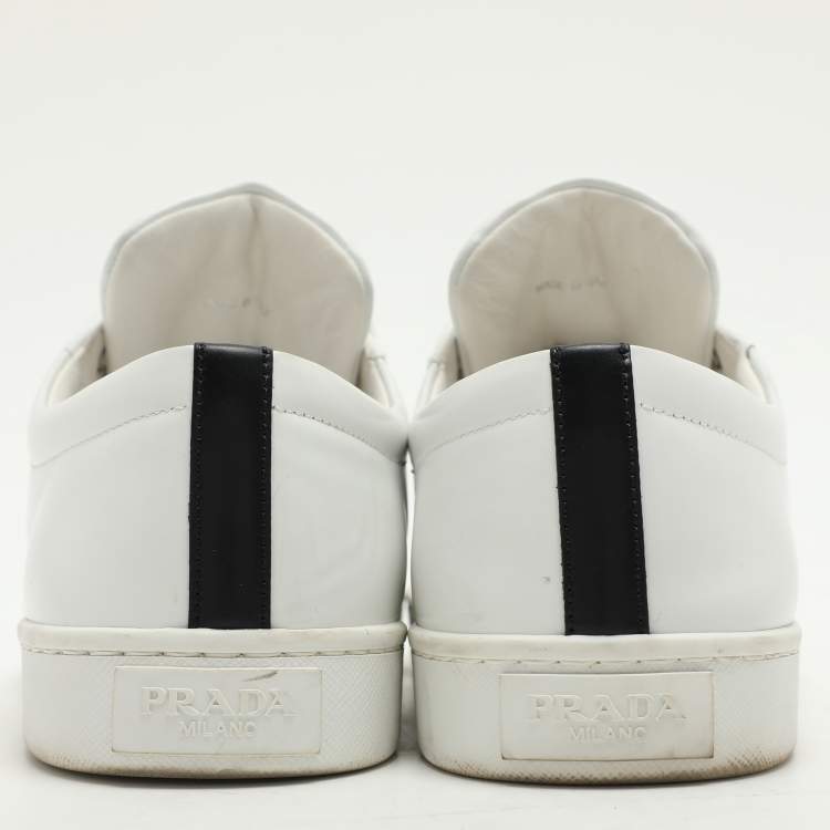 Pre Owned Prada White/Black Leather Logo Low Top Sneakers Size 39.5