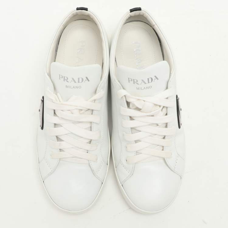 Pre Owned Prada White/Black Leather Logo Low Top Sneakers Size 39.5