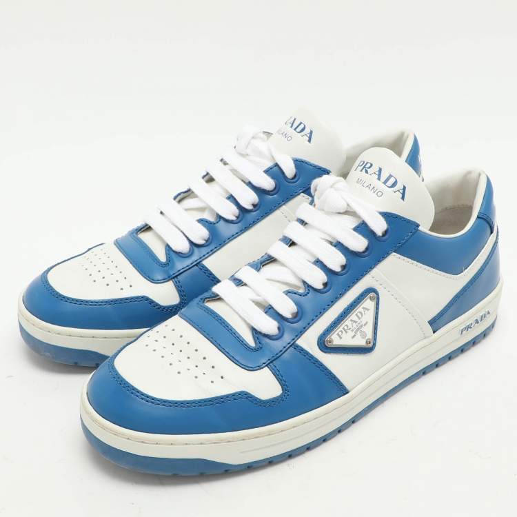 PRADA ホワイト/ブルー スニーカー Prada White/Blue Leather Downtown Low Top Sneakers Size 39 Prada