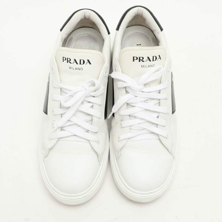 Pre Owned Prada White/Black Leather Low Top Sneakers Size 38.5