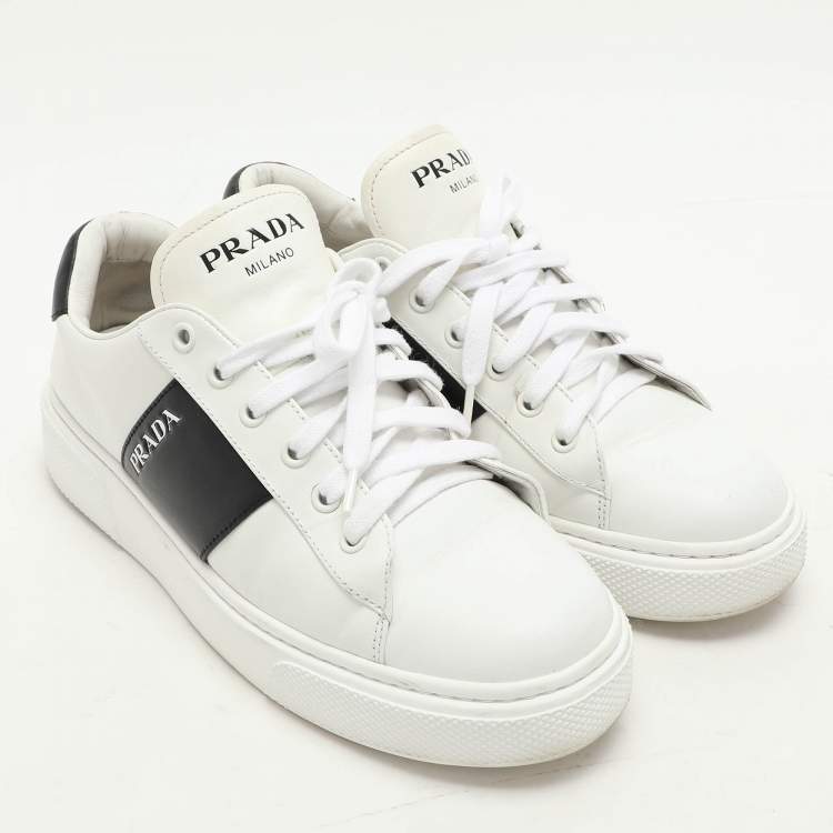 Pre Owned Prada White/Black Leather Low Top Sneakers Size 38.5