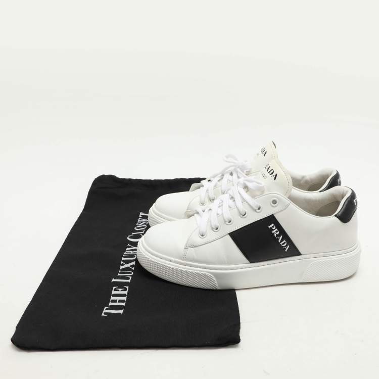 Pre Owned Prada White/Black Leather Low Top Sneakers Size 38.5
