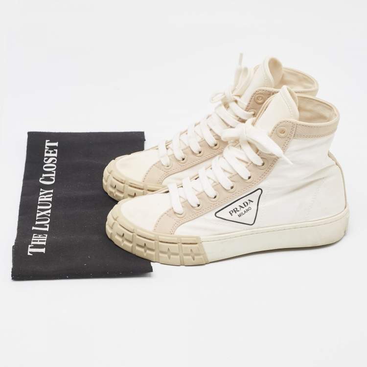 Pre Owned Prada Cream/White Canvas Gabardine High Top Sneakers Size 37.5