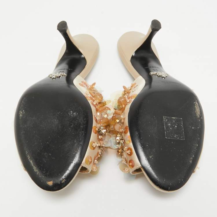 Pre Owned Prada Gold Satin Embellished Slide Sandals Size 38