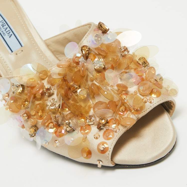 Pre Owned Prada Gold Satin Embellished Slide Sandals Size 38