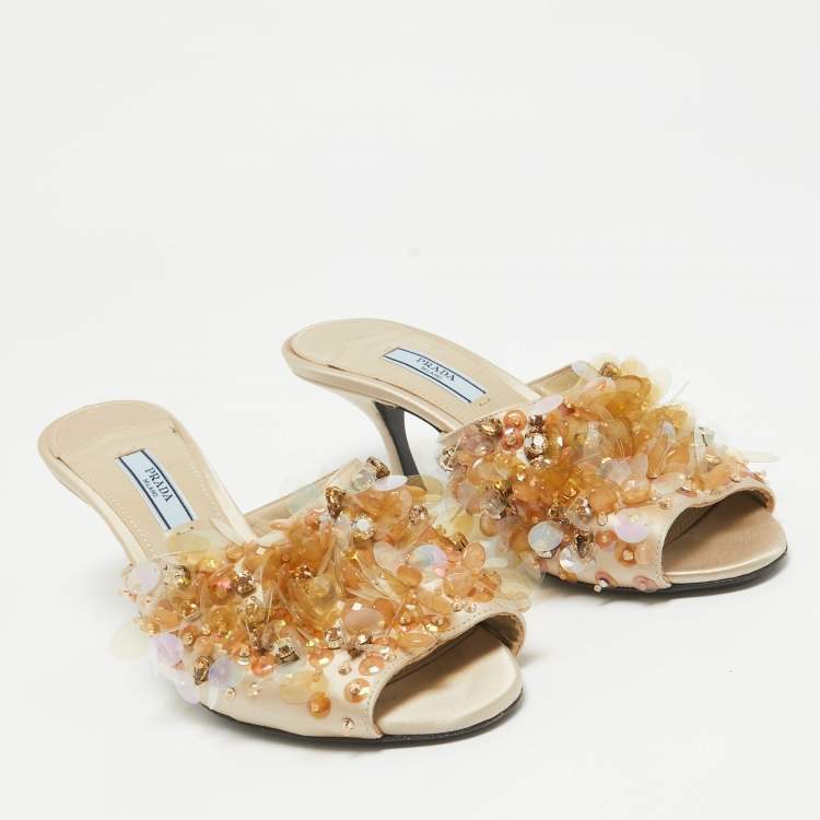 Pre Owned Prada Gold Satin Embellished Slide Sandals Size 38