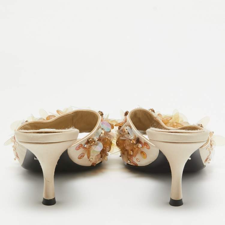 Pre Owned Prada Gold Satin Embellished Slide Sandals Size 38