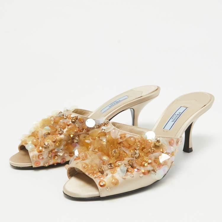 Pre Owned Prada Gold Satin Embellished Slide Sandals Size 38