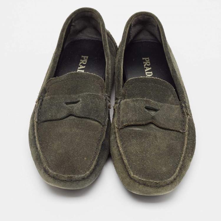Pre Owned Prada Dark Green Suede Penny Loafers Size 38.5