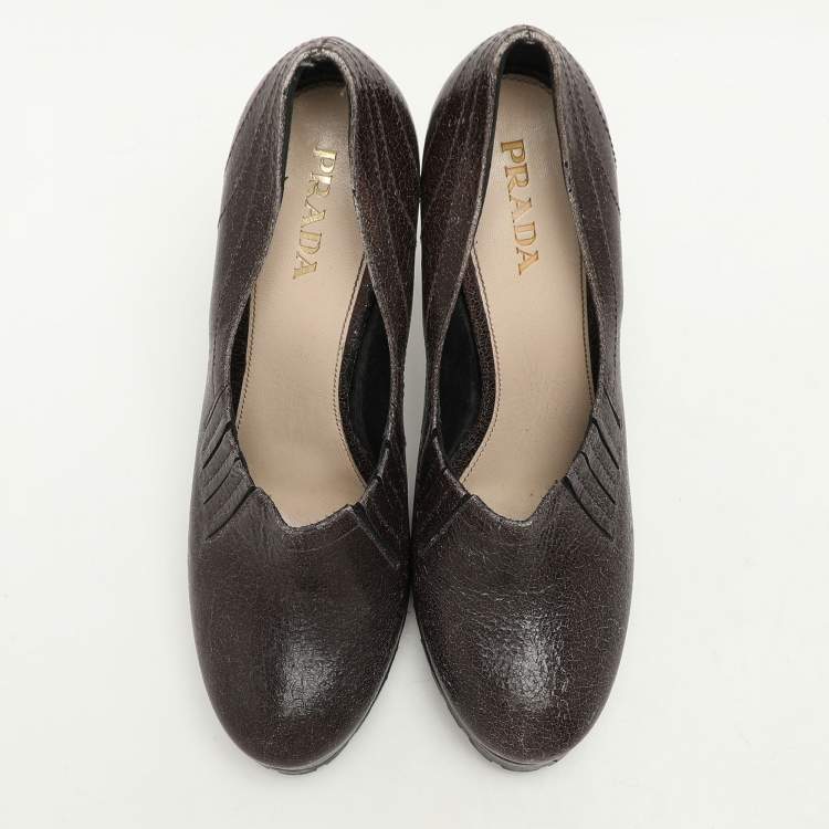 Pre Owned Prada Brown Leather Block Heel Pumps Size 38