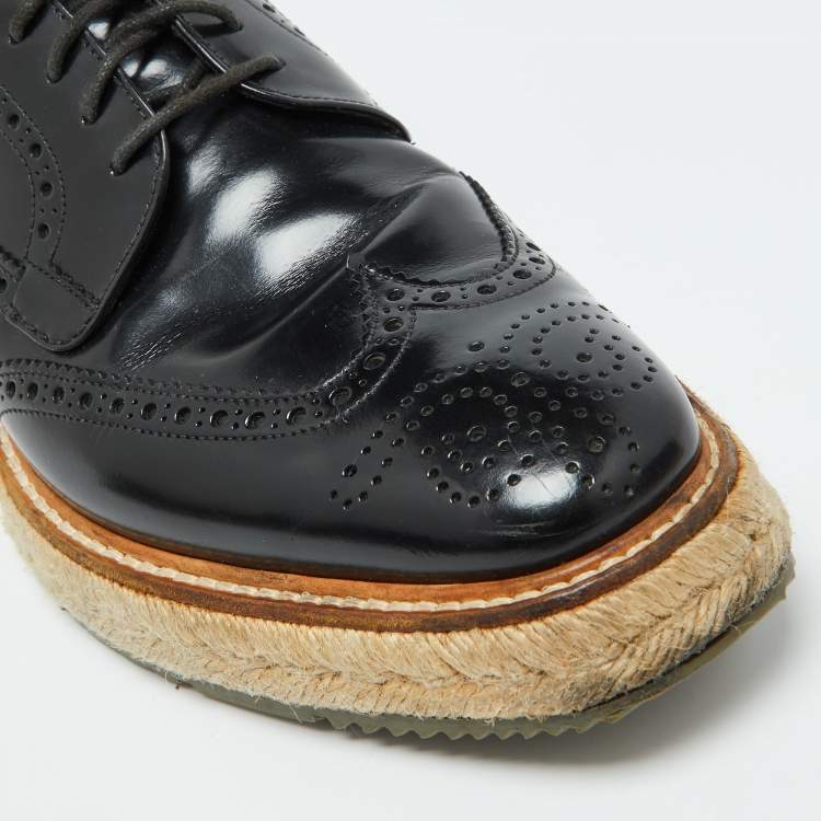 Pre Owned Prada Black Leather Brogue Wingtip Espadrille Platform Derby Size 38.5