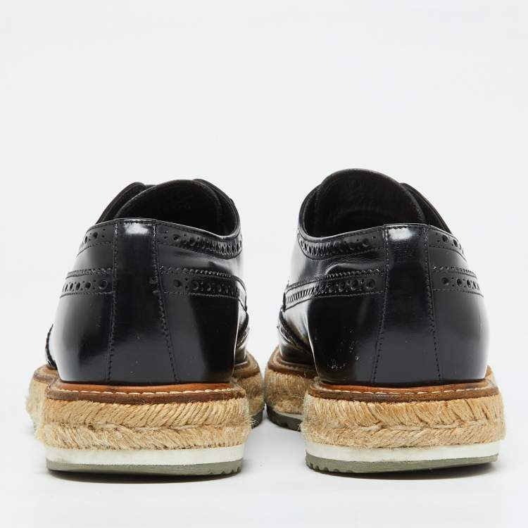 Pre Owned Prada Black Leather Brogue Wingtip Espadrille Platform Derby Size 38.5