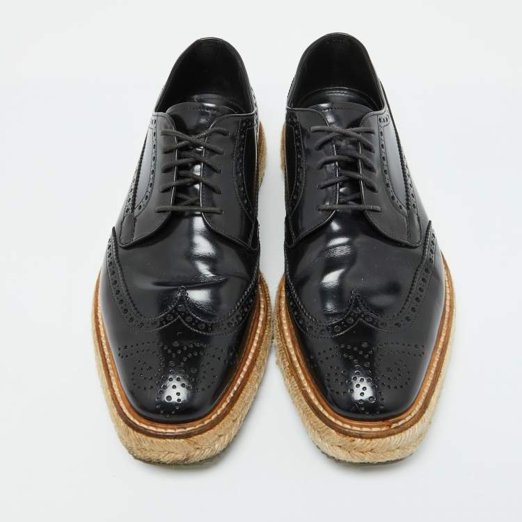 Pre Owned Prada Black Leather Brogue Wingtip Espadrille Platform Derby Size 38.5
