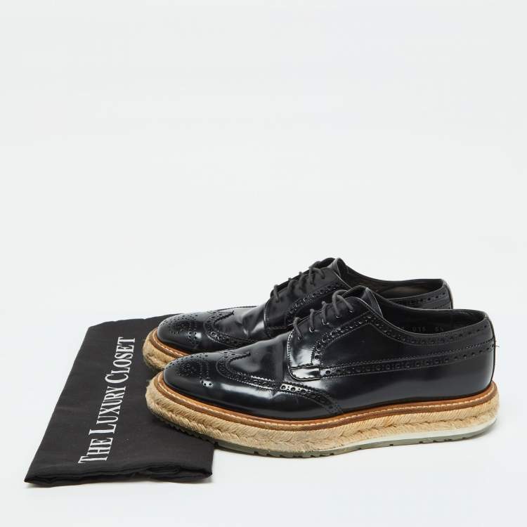 Pre Owned Prada Black Leather Brogue Wingtip Espadrille Platform Derby Size 38.5