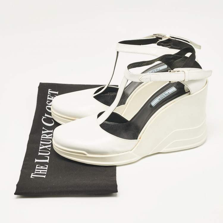 Pre Owned Prada White Leather T-Strap Wedge Sandals Size 40