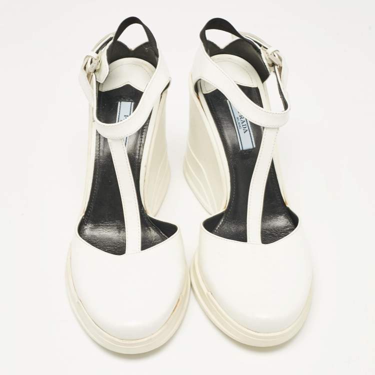 Pre Owned Prada White Leather T-Strap Wedge Sandals Size 40