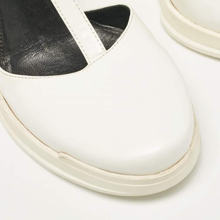 Pre Owned Prada White Leather T-Strap Wedge Sandals Size 40