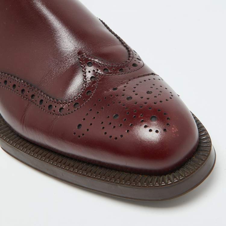 Pre Owned Prada Burgundy Leather Brogue Ankle Length Chelsea Boots Size 38.5