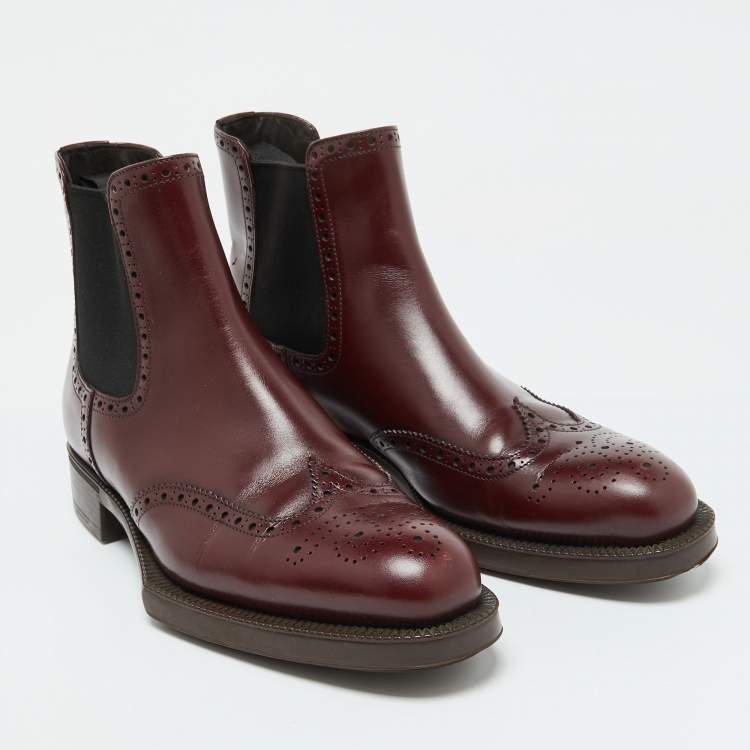 Pre Owned Prada Burgundy Leather Brogue Ankle Length Chelsea Boots Size 38.5