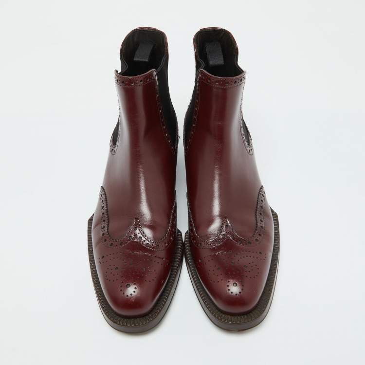Pre Owned Prada Burgundy Leather Brogue Ankle Length Chelsea Boots Size 38.5
