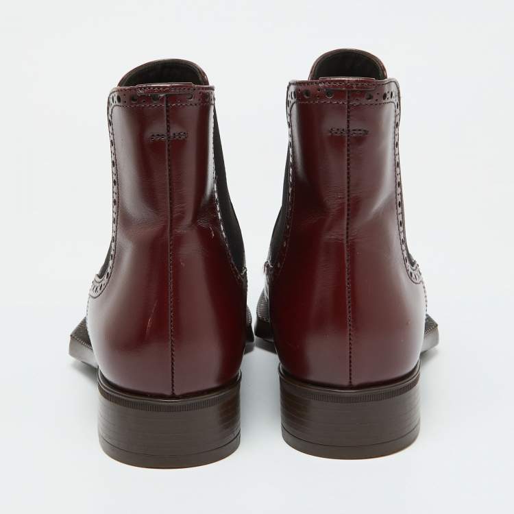 Pre Owned Prada Burgundy Leather Brogue Ankle Length Chelsea Boots Size 38.5