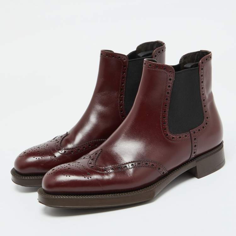 Pre Owned Prada Burgundy Leather Brogue Ankle Length Chelsea Boots Size 38.5