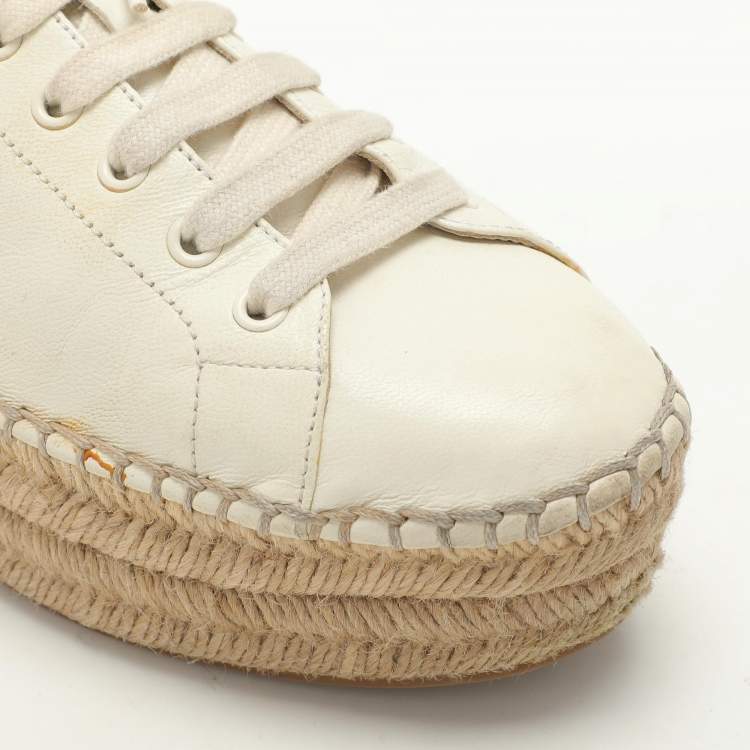 Pre Owned Prada White Leather Platform Espadrille Lace Up Sneakers Size 39