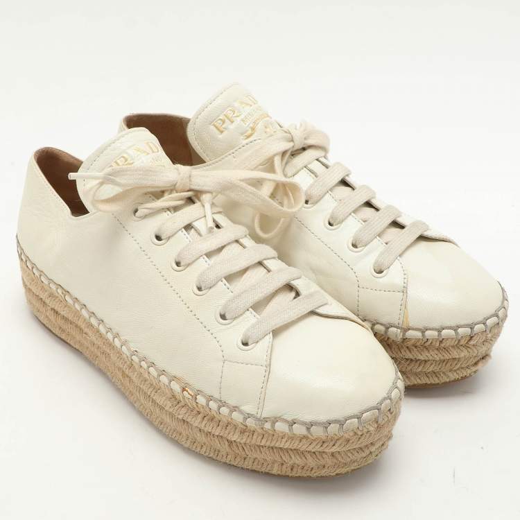 Pre Owned Prada White Leather Platform Espadrille Lace Up Sneakers Size 39