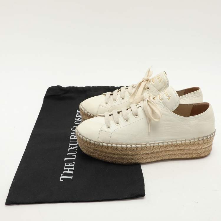 Pre Owned Prada White Leather Platform Espadrille Lace Up Sneakers Size 39