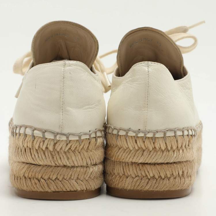 Pre Owned Prada White Leather Platform Espadrille Lace Up Sneakers Size 39