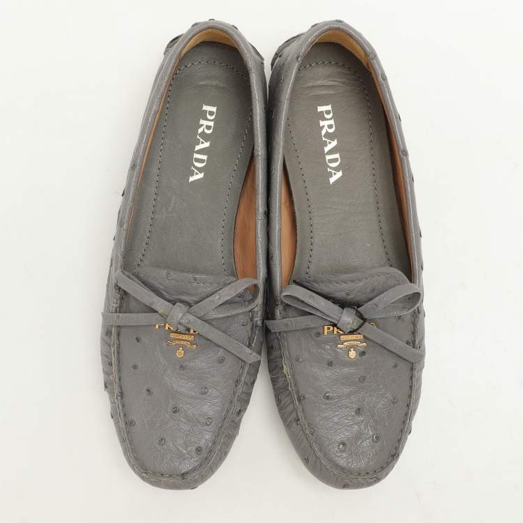 Pre Owned Prada Grey Ostrich Leather Bow Loafers Size 37