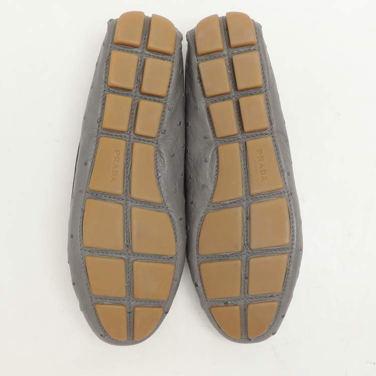 Pre Owned Prada Grey Ostrich Leather Bow Loafers Size 37