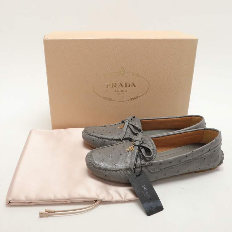 Pre Owned Prada Grey Ostrich Leather Bow Loafers Size 37