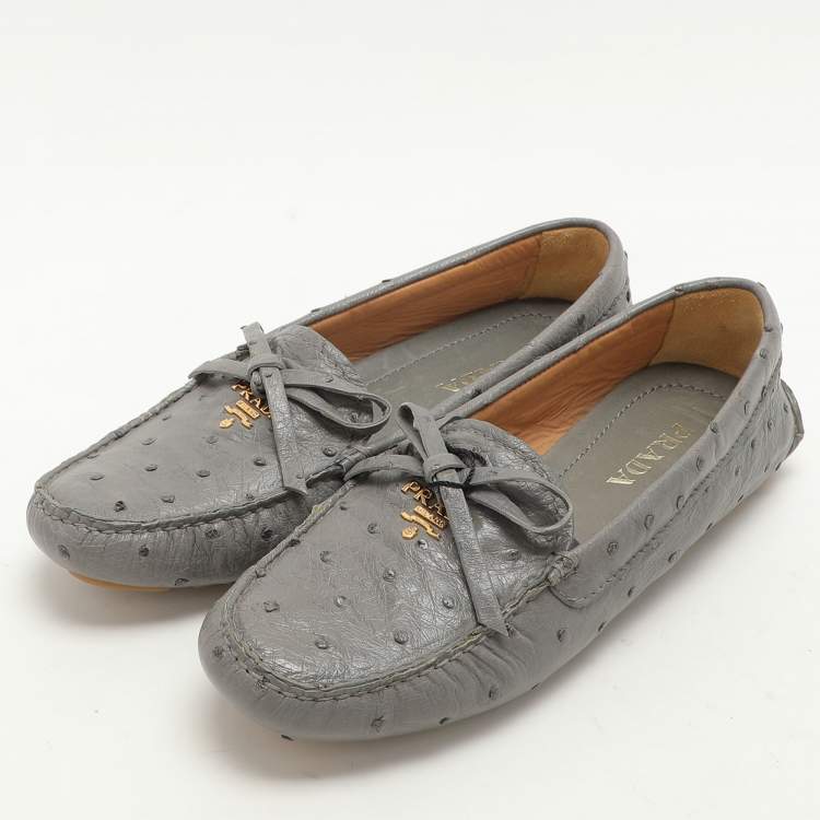 Pre Owned Prada Grey Ostrich Leather Bow Loafers Size 37