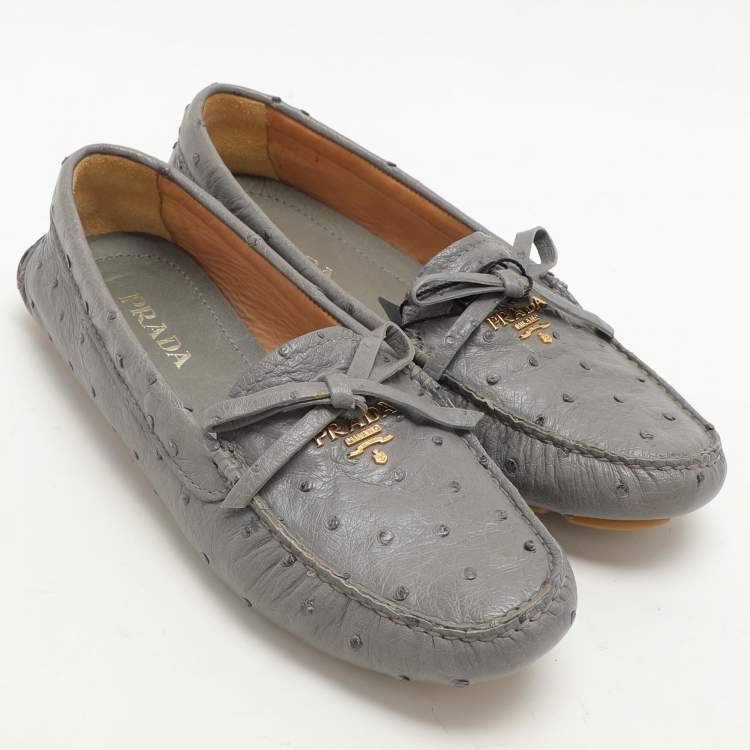 Pre Owned Prada Grey Ostrich Leather Bow Loafers Size 37