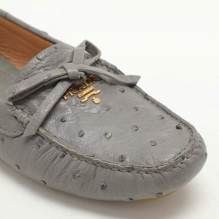 Pre Owned Prada Grey Ostrich Leather Bow Loafers Size 37