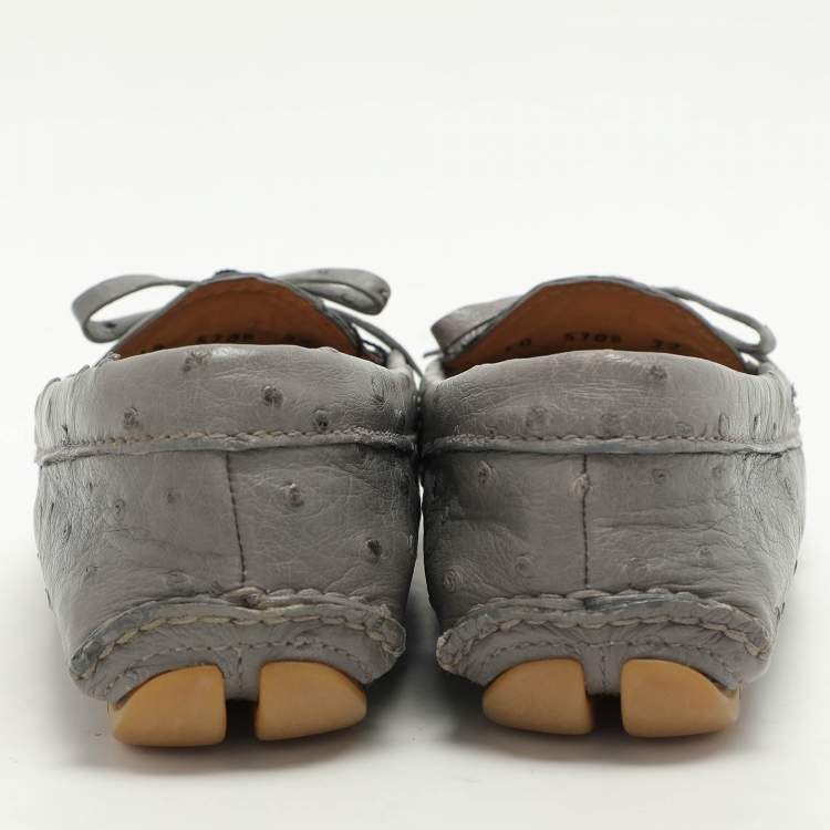 Pre Owned Prada Grey Ostrich Leather Bow Loafers Size 37